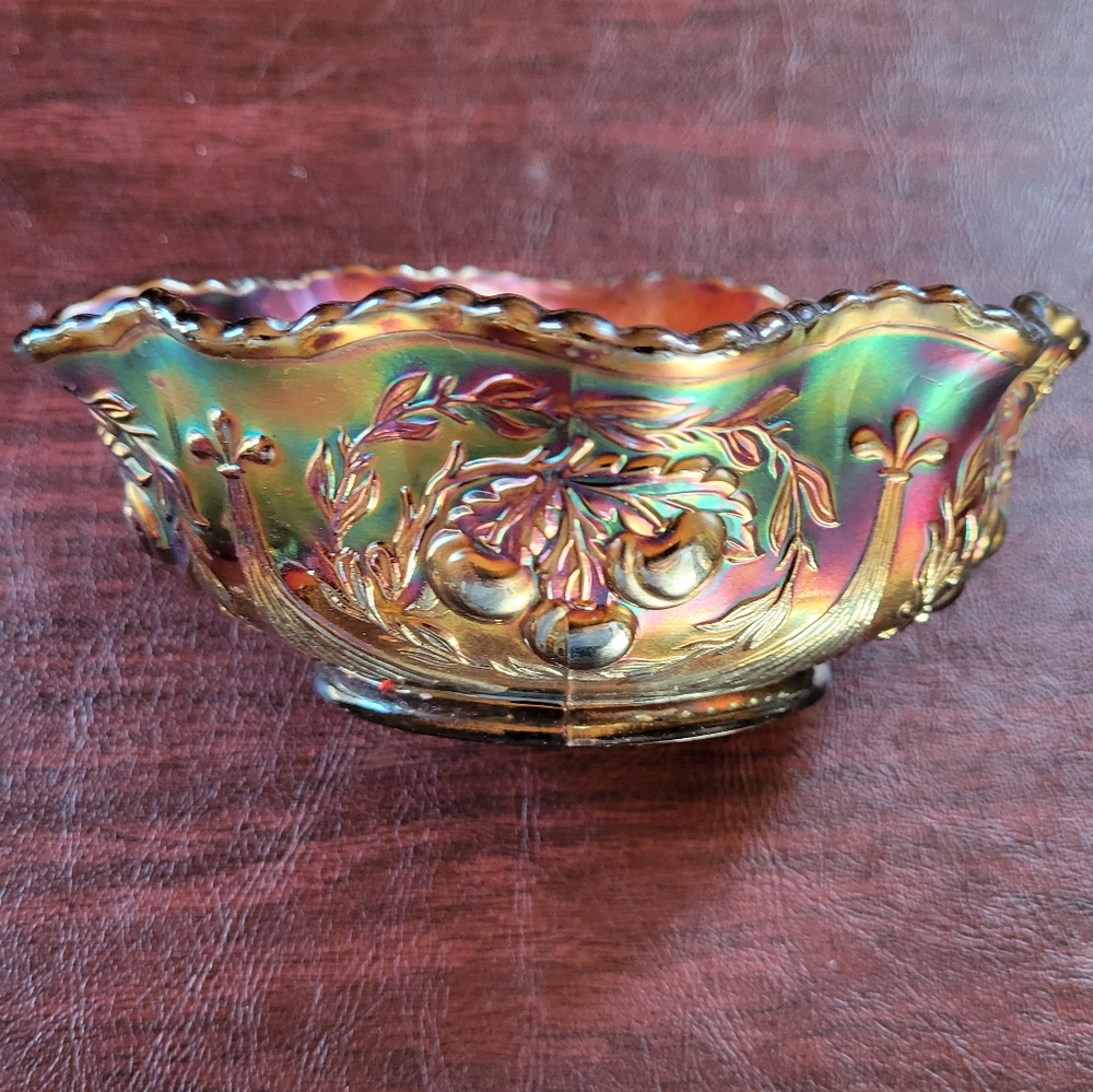 Antique 1906-07 Dugan Wreathed Cherry Cobalt Carnival Glass Oblong Cereal Bowl